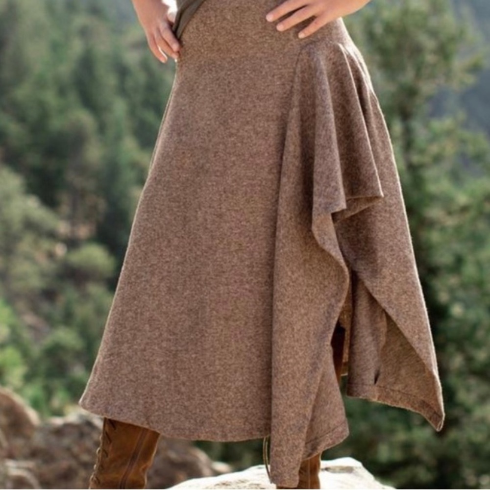 Mia Joy Joyfolie Asymmetrical brown Tan side ruffle herringbone Skirt 10 IRMA